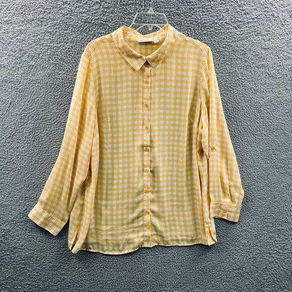 Denim Co Womens Top 1X Yellow White Check‎ Button Front Georgette Shirt Pocket - Picture 1 of 12